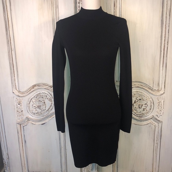 NA-KD Minimalist Mock Neck open Back Long Sleeve Ribbed Knit Bodycon Black Dress - Picture 1 of 12